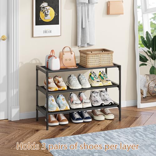 Image of Simple Trending Shoe Rack, 3-Tier Shoe Organizer, Non-Woven Shoe Shelf Storage for Closet, Entryway, Bedroom, 27.5 inch Wide, Black
