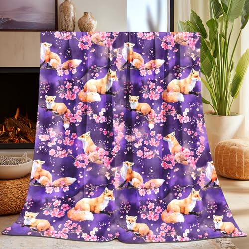 Fox Blanket for Kids Adults Super Soft Vintage Cherry Blossom Cute Fox Stuffed Purple Throw Blanket Gifts for Women Girls Mom Warm Cozy Fuzzy Plush Fleece Flannel Blankets 50x40 for Couch Bedding