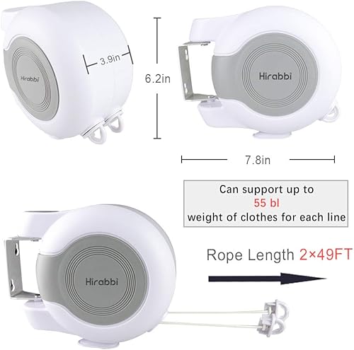 Miniatura 3 de Tendedero retráctil de 2 x 49 pies para interiores y exteriores doble línea de ropa resistente para secado de lavandería montado en la pared cuerda