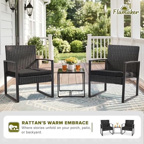Flamaker 3 Pieces Outdoor Patio Wicker Furniture Set, Modern Rattan Chair Conversation Sets with Coffee Table for Yard and Bistro (Black) - Image 3