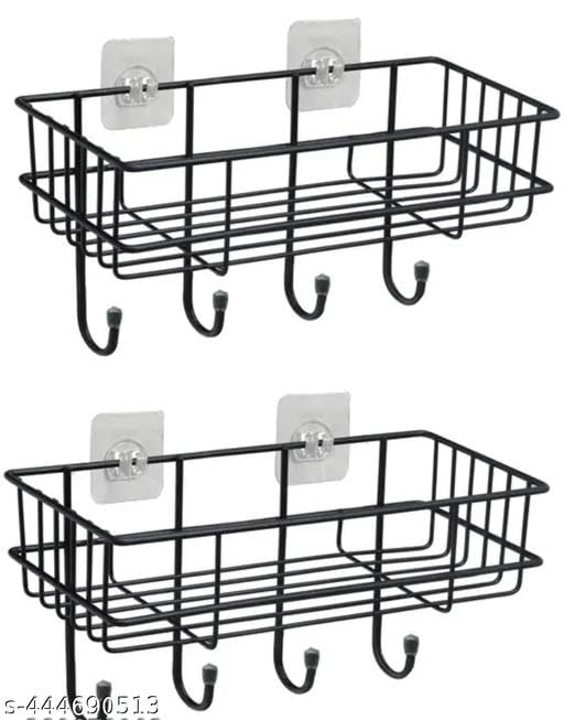 (Pack of 2) Steel Self-Adhesive Multipurpose Bathroom Shelf with Hooks/Towel Holder/Rack/Bathroom Accessories-Wall Mount - Pack of 2 (Black,Powder Coated) 3