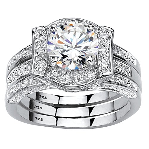 Platinum over Sterling Silver Round Cubic Zirconia Jacket Bridal Ring Set Size 8