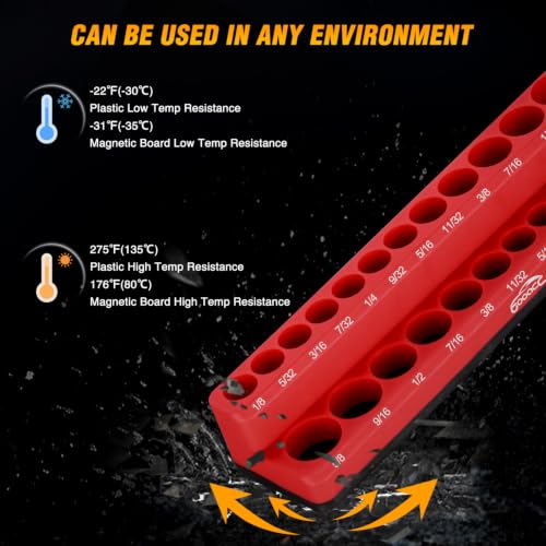 Image of GOOACC 4 PCS Magnetic Socket Organizer Set, Heavy Duty Socket Organizer Tray 1 /4 inch 3 /8 inch SAE Metric Drive Sockets Holds 108, Magnetic Socket Holder for Tool Box Drawer Chest Garage Storage, Black & Red