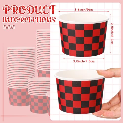 Image of Zopeal 50 Count Red and Black Checkered Ice Cream Cups 9 oz Race Car