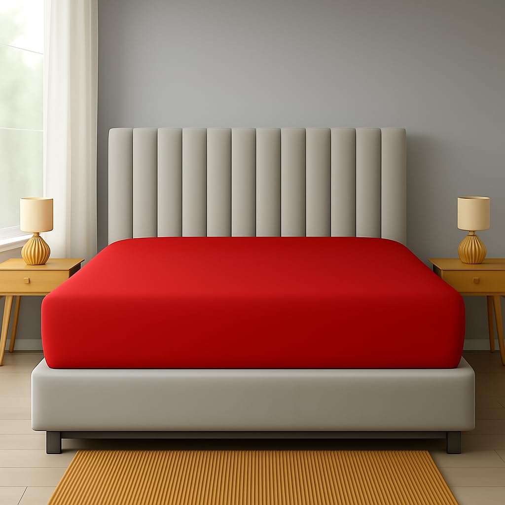Fitted Sheet Extra Deep 16"/40CM PolyCotton EasyCare Percale Deep Pocket Fitted Bed Sheets (Double, Red)