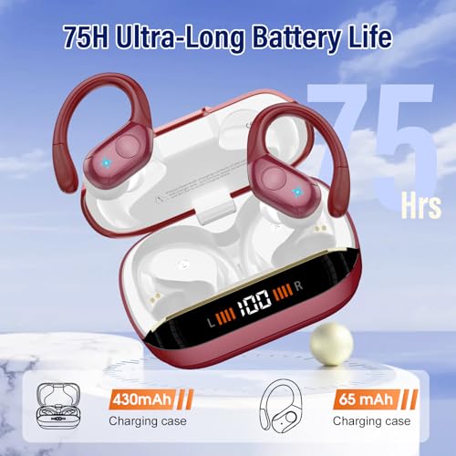 Image of Qecnato Bluetooth Headphones Over Ear Buds with Earhooks LED Display Bluetooth Earbuds IP7 Waterproof Earphone for Running Maroon