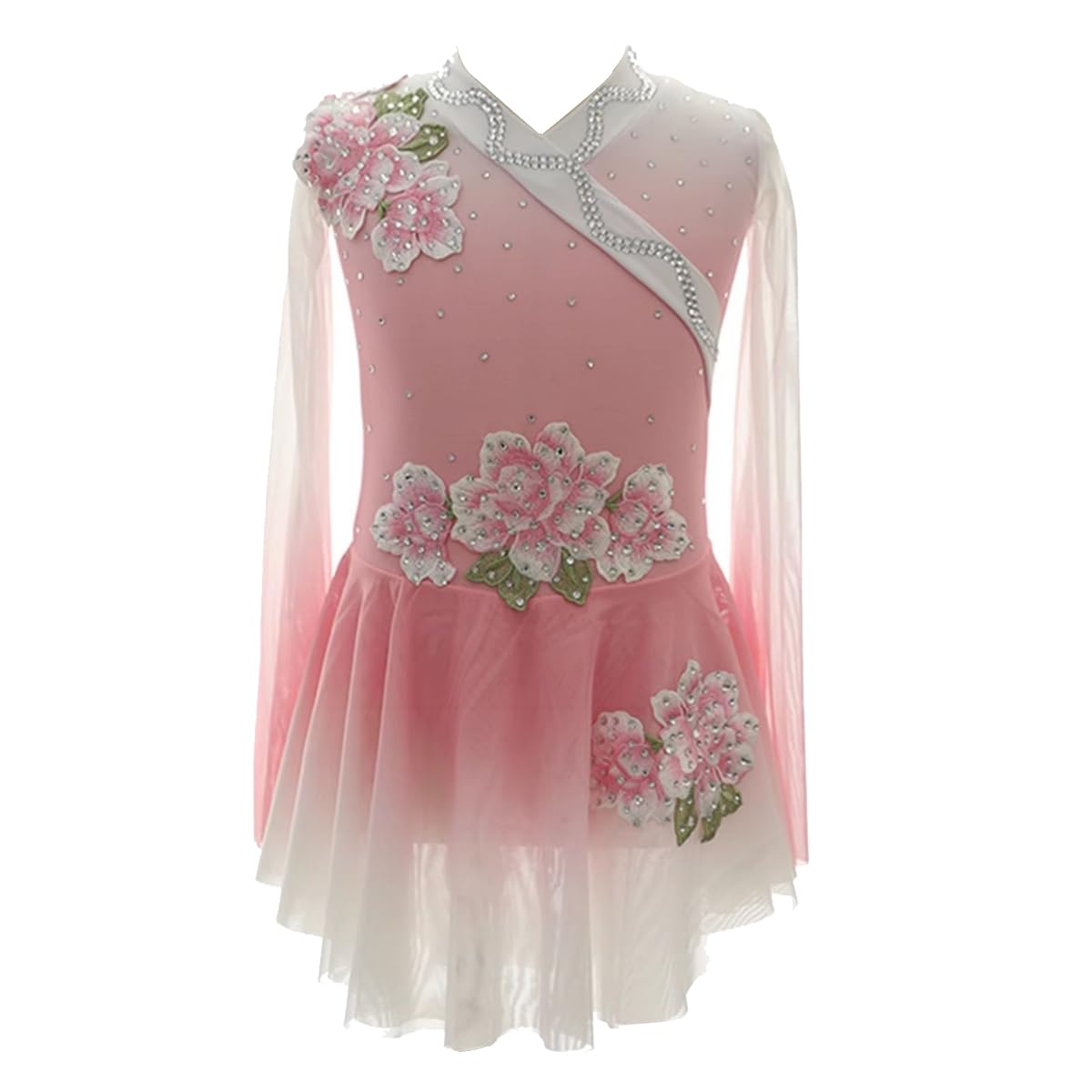 Maillot De Danza Patinaje para Mujer Leotardo Manga Larga De Gimnasia Rítmica con Falda Tul Y Pedrería Brillante Disfraz De Bailarina Baile Competición Adulto