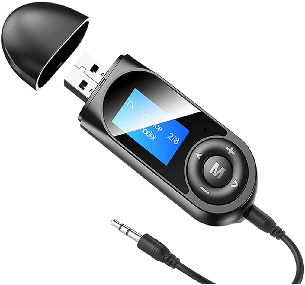 Pagaria 2 in 1 LCD Display Bluetooth 5.0 Transmitter Receiver 3.5mm Stereo Audio Adapter for Car, TV, Speakers, Built in Mic, Model: T13