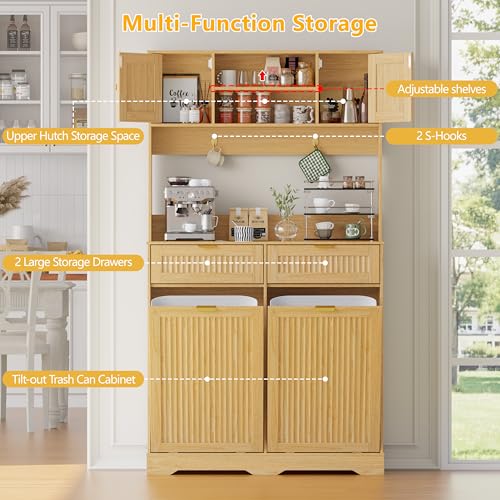 Image of Double 13 Gallon Tilt Out Trash Can Cabinet,Garbage Cabinet with Drawer | Hidden Garbage Storage with Fluted Design, Drawer & Hooks for Kitchen, Dining Room and Small Space Organization,Natural Wood
