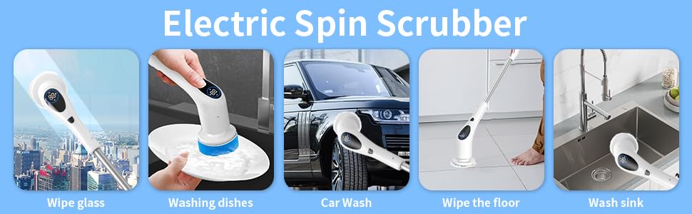 Image of Electric Cleaning Brush, Electric Shoe Brush, Shower Scrubber, Working time of 90 Minutes, Three Speed Torque Adjustment, with Extended Handle, Equipped with 9 Brush Heads, LED Display Screen