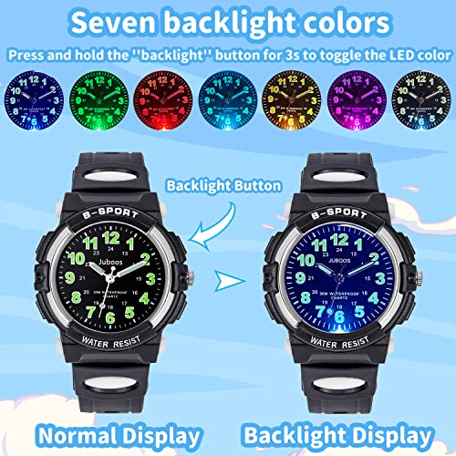 Juboos Kids Watches for Boys and Girls, 7 Color Dial Waterproof Analog Quartz Watch with Soft Band, Time Teaching Watch for Kids 5-16