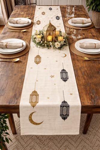 Image of Aazeem Ramadan Mubarak Table Runner for Dining Table 6 Seater | Mosque Lantern Islamic Design Table Cover | Festive Home Decor