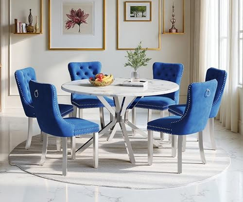 Image of 7-Piece Round Dining Table Set for 6, Modern Faux Marble Kitchen Table and Blue Velvet Chairs Set of 6, Luxury 45 inch Circle White Silver Dining Room Tables with Stainless Steel Cross Legs