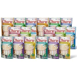 INABA Churu Cat Treats, Grain-Free, Lickable, Squeezable Creamy Purée Cat Treat/Topper with Vitamin E & Taurine, 0.5 Ounces Each Tube, 72 Tubes (4 per Pack), 9 Flavor Variety