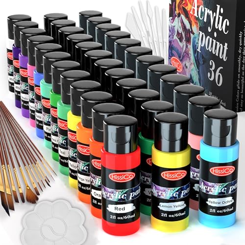 55PCS Acrylic Paint Set of 36 Colors 2fl oz 60ml Bottles 12 Brushes,Non Toxic 36 Colors Acrylic...