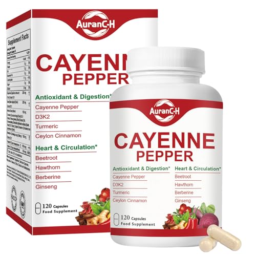Cayenne Pepper Capsules, Supports Heart and Blood Vessel Health, Fat Management aid Loss, with Vitamin E D3+K2 and Extracts of Grape Seed, Hawthorn, Beetroot, 120 Count