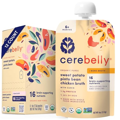 Image of Cerebelly Organic Baby Food Pouches, Sweet Potato Pinto Bean with Chicken Bone Broth, 16 Nutrients, Protein & Healthy Fats, 4oz, 12 Pack