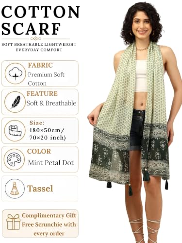 Image of KE KANHA EXPORTS Scarf for Women Premium Cotton Boho | Dual Tone Border Print Stole with Tassels | Lightweight Summer Beach Wrap 180 x 50 cm FREE Scrunchie Included