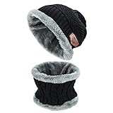 Isuper 2 Pcs Sombrero Caliente de Punto Gorra Bufanda con Forro de Lana Invierno (Negro)