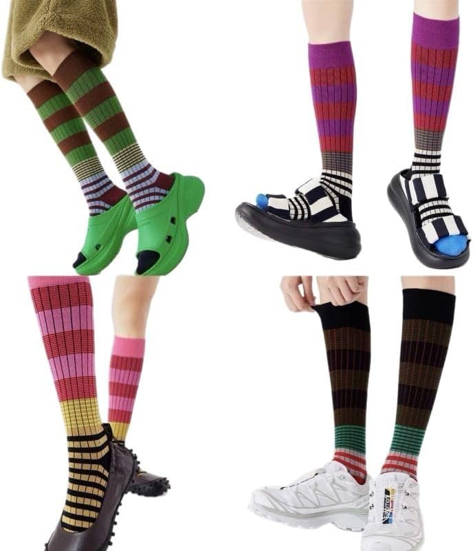 Women Striped Calf Socks Retro Color Block Slouch Year-round Casual Athletic Cotton Socks for Daily Wear 4 Pairs.