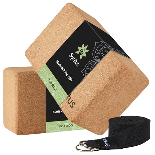 Syntus Yoga Block and Strap Set, 2 Natural Cork Soft Non-Slip Blocks 9×6×4 inches, 8FT Metal D-Ring Strap for Yoga, General Fitness, Pilates, Stretching and Toning by Syntus - Used condition - US$24.44