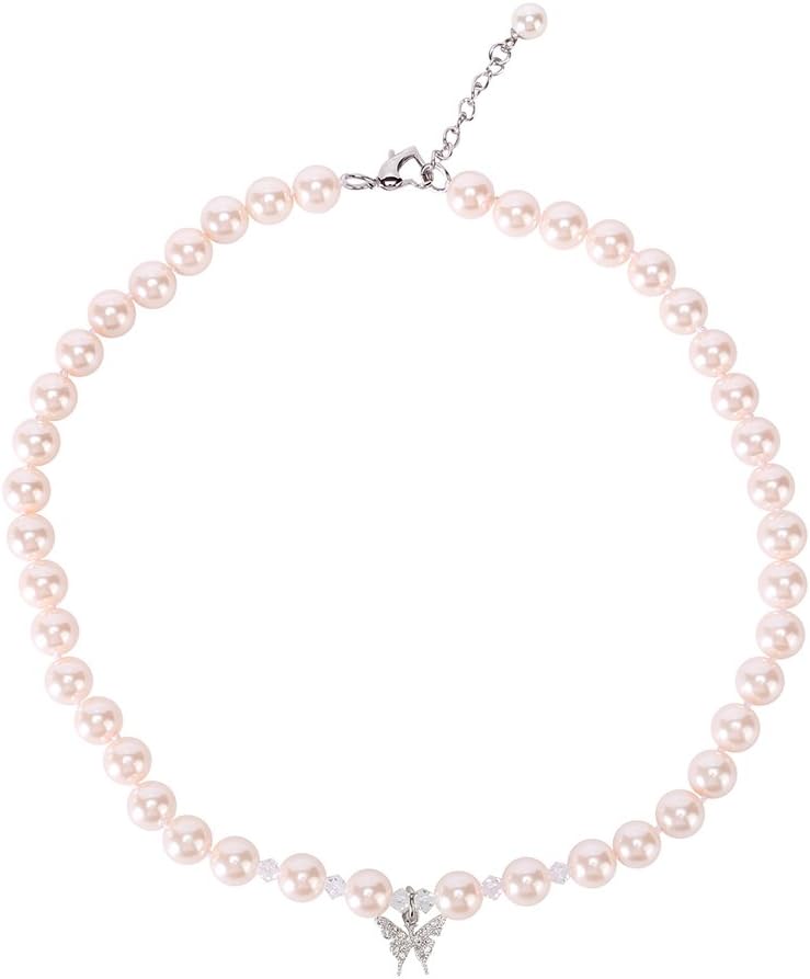 Pink 8mm 14.5inch Faux Glass Imitation Crystal Glass Imitation Pearls Necklace Bracelet Earring Butterfly Pendant Jewelry 3 set gift for Girls