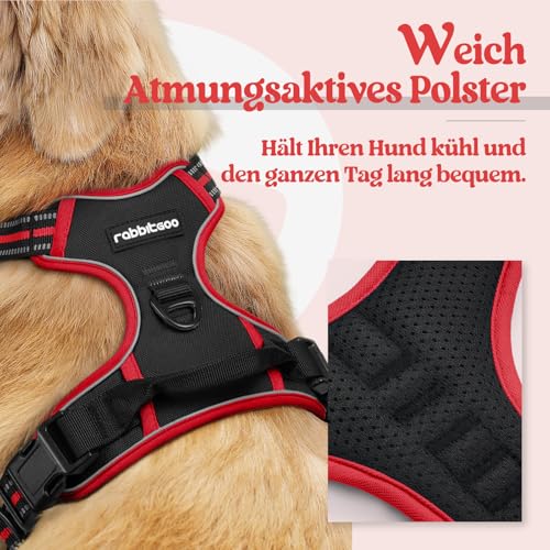 rabbitgoo Hundegeschirr Mittelgroße Hunde, Anti Zug Geschirr mit Kontrolle, No Pull Verstellbar Hundegeschirr Grosse Hunde, Atmungsaktiv Reflexstreifen Brustgeschirr Sichere Führung Schwarz+Rot L
