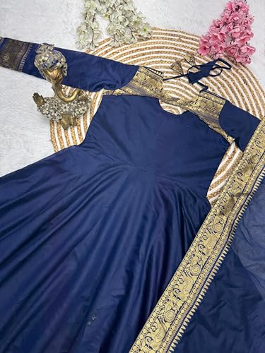 Image of Blueberry Maxi Dress for Women in Silk Cotton Fabric - Jacquard Weaving with Jari, Full Flared Design & Unique Butterfly Back Pattern