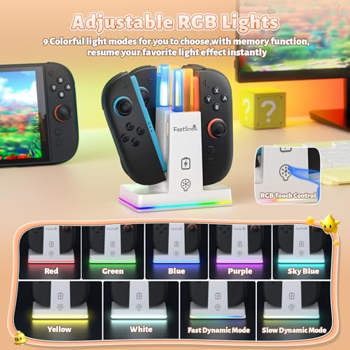 Image of FASTSNAIL Switch 2 Controller Charger Dock for Nintendo Switch 2 for JoyCon | 4-in-1 Fast Switch 2 Joypad Charging Dock Station, 9 RGB Light, Dual-Direction Magnetic Stand for Joycon 2 Accessories, White