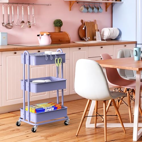 Image of Simple Houseware 3-Tier Heavy Duty Metal Utility Rolling Cart, Purple