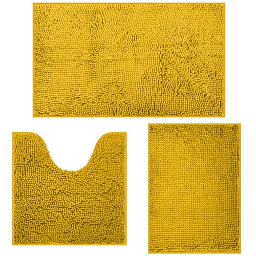 RUN HELIX Bathroom Rugs Sets 3 Piece, Luxurious Chenille Bath Mat Set - Soft Plush Bathroom Rugs with Non-Slip PVC Backing, Quick-Drying Ultrafine Fiber Toilet Mat, Yellow Yellow 3 piece