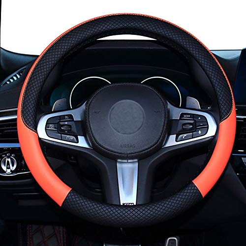 Shiawasena Car Steering Wheel Cover, Leather, Universal 15 Inch Fit, Anti-Slip & Odor-Free (Black&Orange) #TOP2