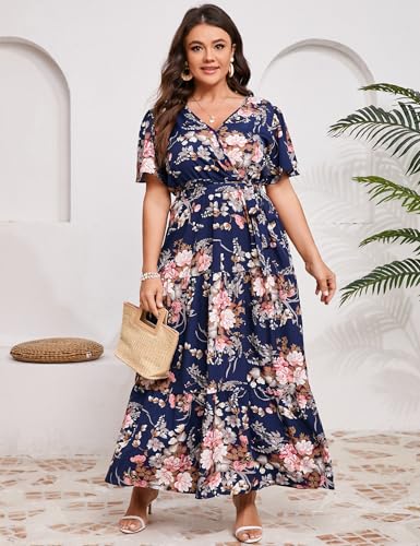 KOJOOIN Women Plus Size V Neck Wrap Maxi Dress Short Sleeves High Waist Ruffle Summer Casual Dress with Belt4