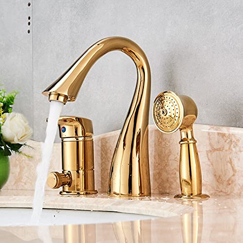Grifo de lavabo dorado en latón pulido con ducha de mano para un baño de diseño exclusivo