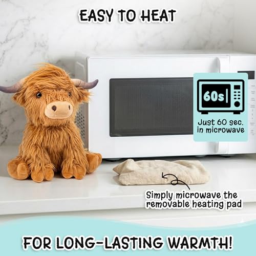 Image of Highland Cow Microwavable Stuffed Animal - 1.5 lb Unscented Heating Pad Plush, Soft Cozy Cute Cow Toy for Relaxation and Comfort, Gift for Women, Girls, Adults & Kids by Happy Fuel
