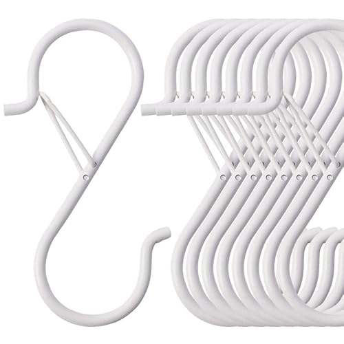 10 Pcs S Hooks for Hanging Heavy Duty, 3.5-inch Heavy Duty Metal S Hook, Closet Hooks with 0.5-inch Safety Buckle, S Hook for Hanging Plants, Kitchen Utensil, Pot, Pan, Bags(White)