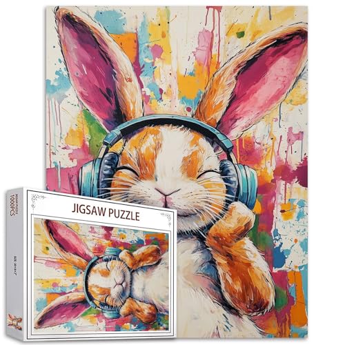 Kaninchen-Puzzle, Musikhören, für Erwachsene, 1000 Teile, Hasen-Puzzle, niedliche Tier-Puzzle, Kunst, 1000 Teile, Familienpuzzle, perfekt für Spielabende