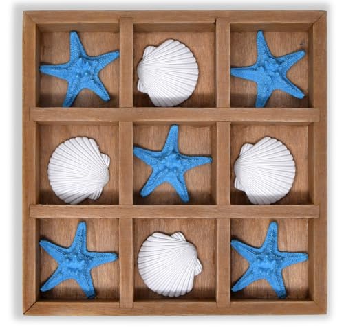 Gift Boutique Wooden Tic Tac Toe Game Beach Table Decor with Starfish and Seashells Nautical Coastal Ocean Theme Coffee Table Decoration