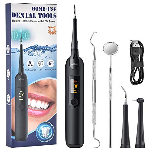 Electric Dental Calculus Remover with LED Screen, Tooth Cleaning Kit with 3 Cleaning Heads & Mouth Mirror, 5 Intensities Suitable for Adults & Kids, Black