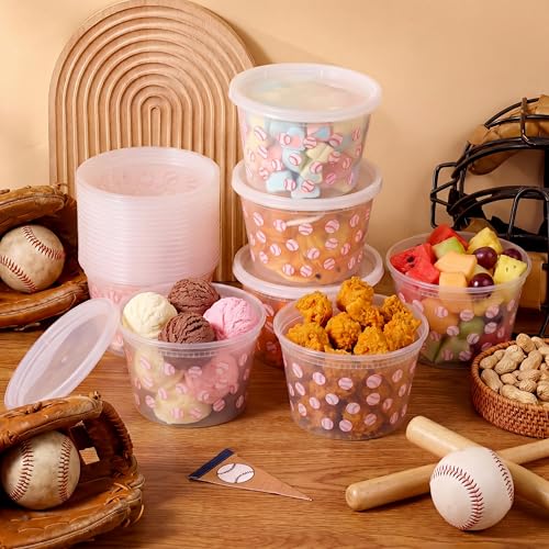Patelai 24 Pack 16 oz Baseball Party Treat Snack Bowl with Lids Plastic Food Storage Containers Reusable Clear Stackable Round Airtight Deli Bowl for Meal Prep Soup Microwave Freezer Lunch Supplies by Patelai - Image 2