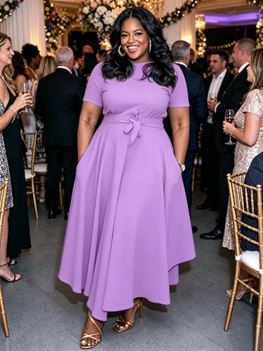 Image of Hostoyo Women Plus Size Formal A Line Maxi Dress Self Tie Waist with Pockets Elegant Round Neck Swing Long Dresses