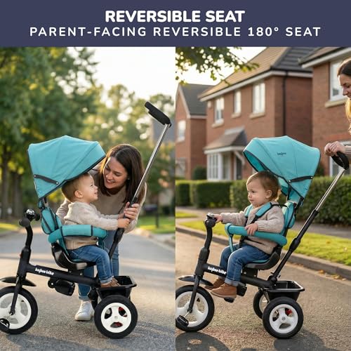 Image of Baybee Mario 3 in 1 Baby Tricycle for Kids with Parental Handle & 360 Rotatable Seat | Smart Balance Trikes with Canopy, Storage & Footrest | Baby Cycles for Kids 3 to 5 Years Boys Girls (Light Blue)