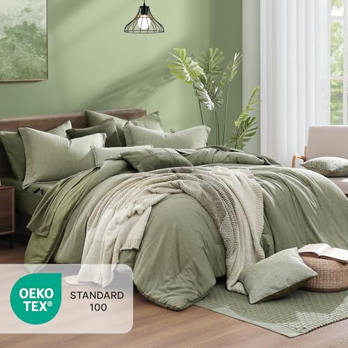 Monbix California King Comforter Set - 7 Pieces Cationic Dyeing Sage Green Bed in a Bag Cal King Bed Sets with Comforter, Sheets, Pillowcases & Shams, Reversible Bedding Comforters Sets (108 * 92)
