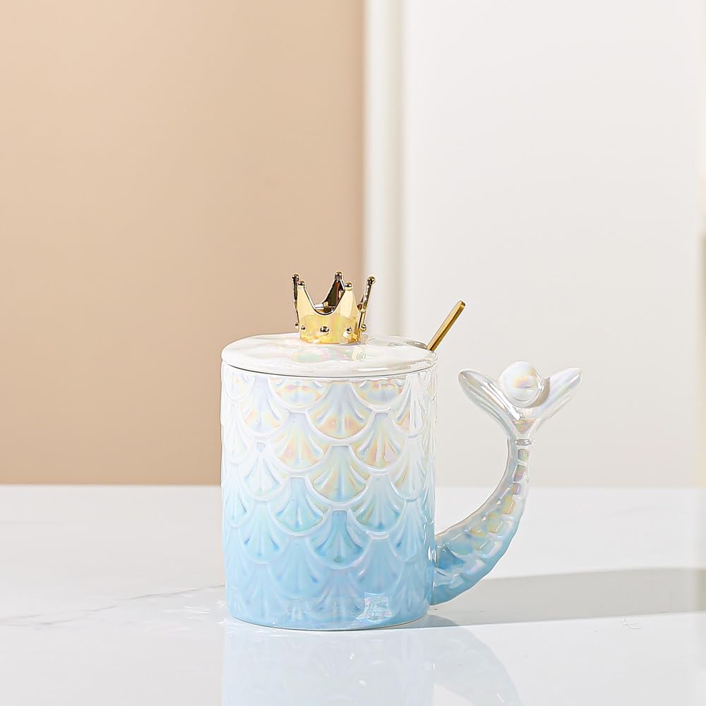 Mermaid Mug With Lip and Spoon Coffee Milk Tea Cup Ceramic Cup With Cute Box Packaging (380ml)(Blue)