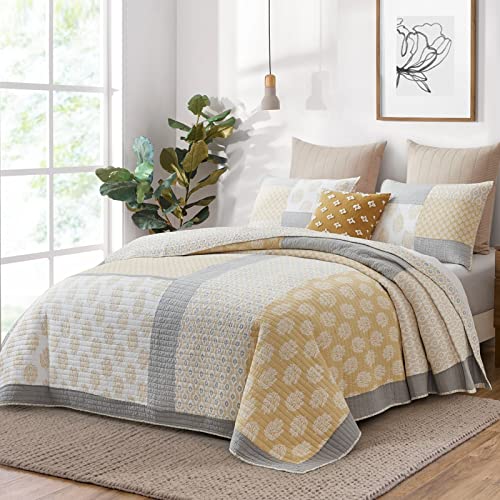 Y-Plwomen Floral Quilts Queen Size 100% Cotton Summer Quilt, Yellow Farmhouse Queen Bedspreads, Lightweight Soft Queen Quilt Sets For All Season, 3 Piece #TOP1