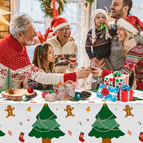Image of Hxezoc 3 Pack Disposable Plastic Christmas Tree Tablecloth, 54 x 108 Inches Christmas Party Table Cover for Xmas Winter Holiday New Year Home Dinner Decorations