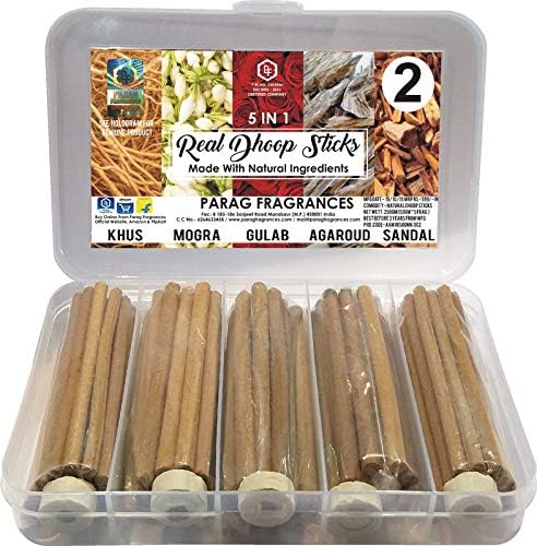 - Parag fragrances Real Dhoop Sticks Collection (Khus, Mogra, Gulab, Agarwood and Sandalwood, 250 gm) without Charcoal, Bamboo and Coal