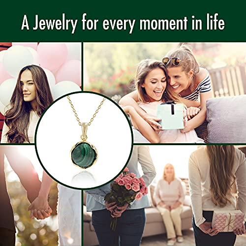 Malachite Necklace - 14K Gold Plated Over 925 Sterling Silver, Dainty 12Mm Natural Stone, Genuine Dark Green Malachite Gemstone Pendant, Delicate Handmade Vintage Antique Jewel For Women #TOP5