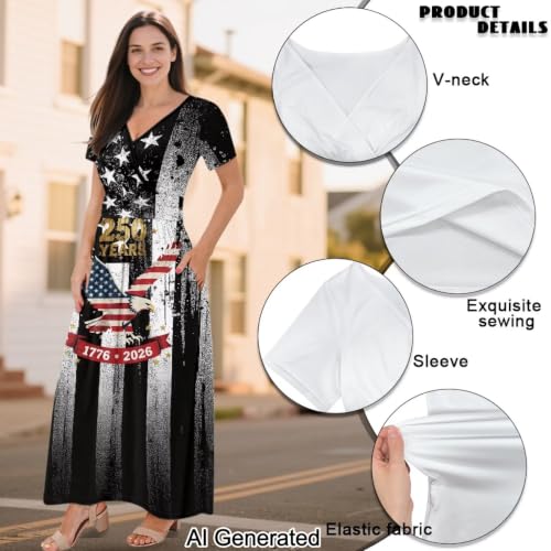 Image of Women's Fall Summer Short Sleeve Ankle Length V-Neck Party Dress with Pockets Size S-3XL