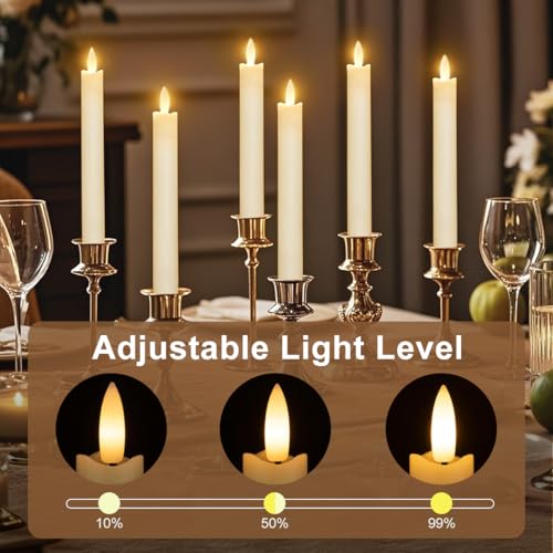 Image of Battery Operated Flameless Ivory Taper Candles Flickering-Set of 6, Realistic 3D Wick Flickering LED Taper Candle Set,USB-Rechargeable, Remote & Timer, Ideal for Living Room, Bedroom & Easter Decor